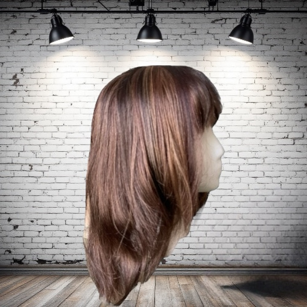 14” warm brown mixed colour highlighted wig w/ bangs